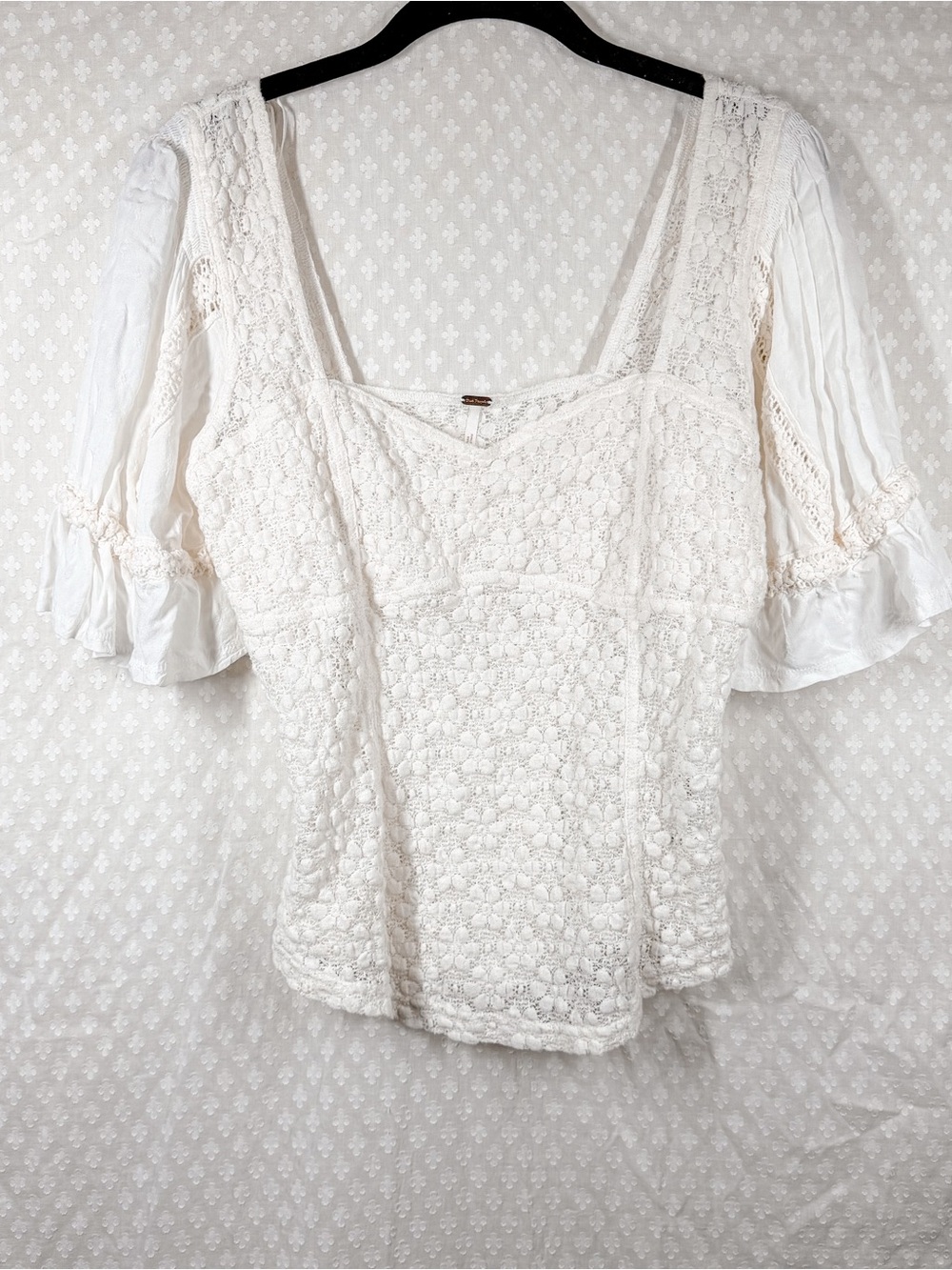 Free People Cream Spring Fling Lace Puff Sleeve Top